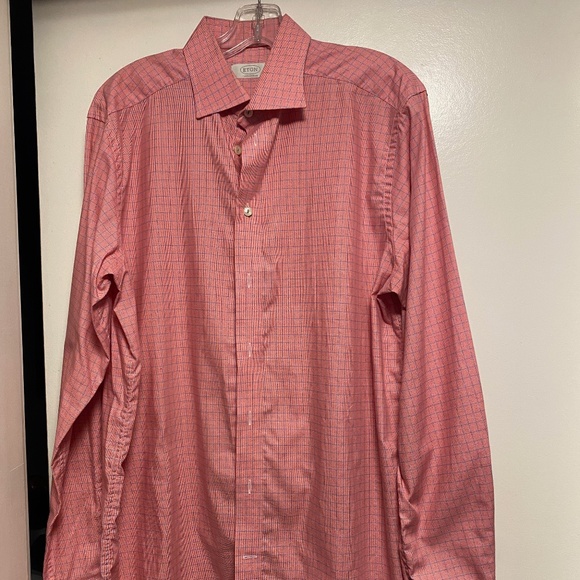 ETON men's dress shirt in pink/navy tattersall check, size 41/16 - Picture 1 of 6